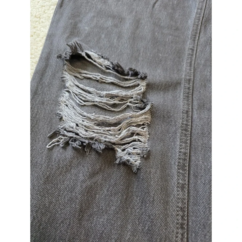 We The Free Women Black Distressed Straight Leg Jeans High Rise Raw Hem Size 28